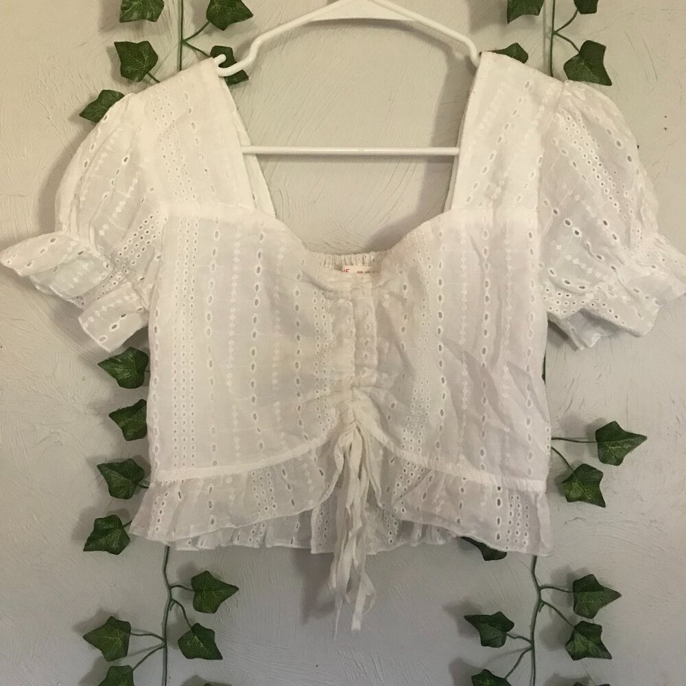 Romwe White Drawstring Frilled Crop Top